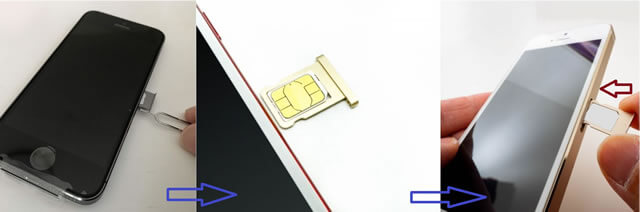 SIMピンでトレイを開けて物理SIMカードを取り出す手順の実写真