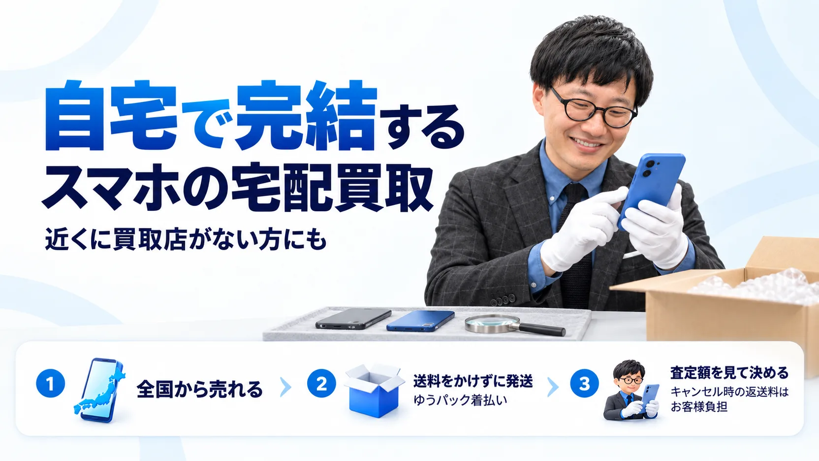 スマホ・iPhoneの宅配買取（郵送買取）。全国対応・自宅にいながら完結。申込・発送・査定・入金の4ステップ。