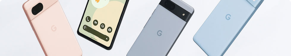 Google Pixelの実機4台（カラー違いの背面とホーム画面）