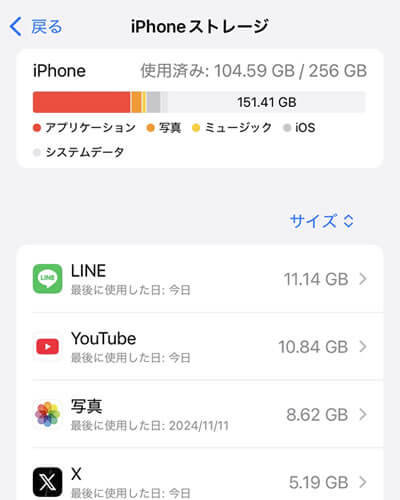 iPhoneのストレージを確認