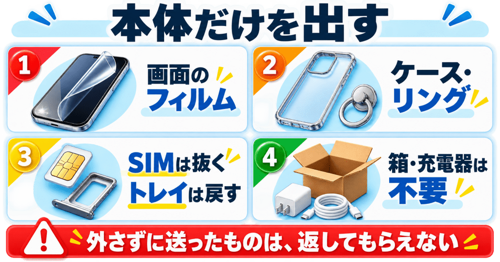 iPhone下取りでのフィルム・ケース・付属品の扱い早見表