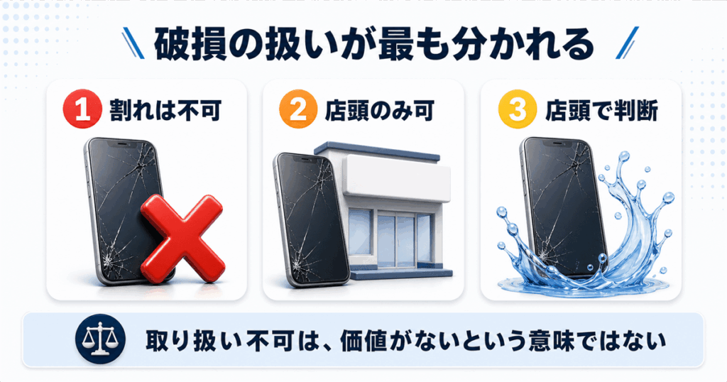 割れた端末・水没した端末はどこなら買取に出せるか