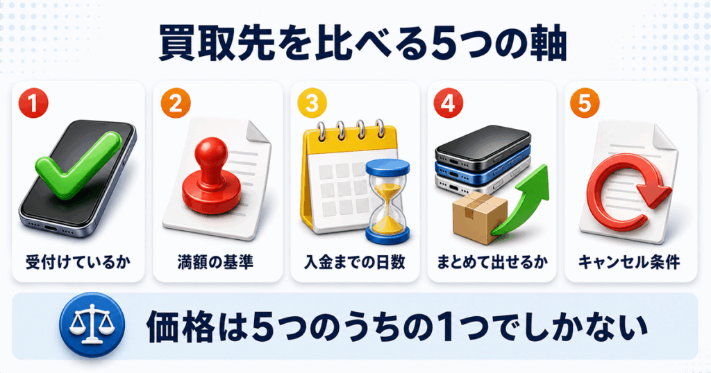 スマホ買取先を比べる5つの軸