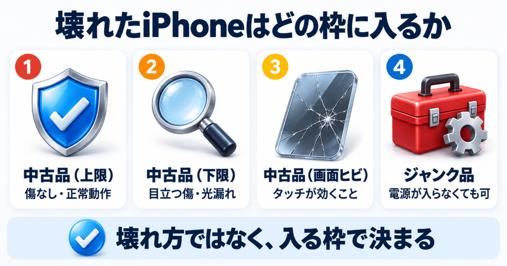 壊れたiPhoneの状態別にゲオでの査定ランクを示した早見表