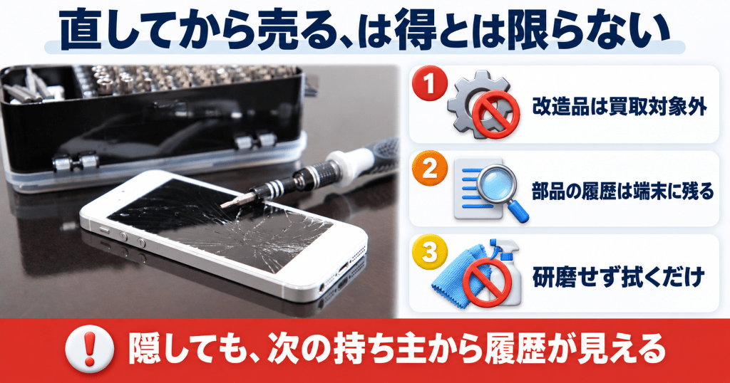 画面が割れたiPhoneと精密ドライバーの工具セット