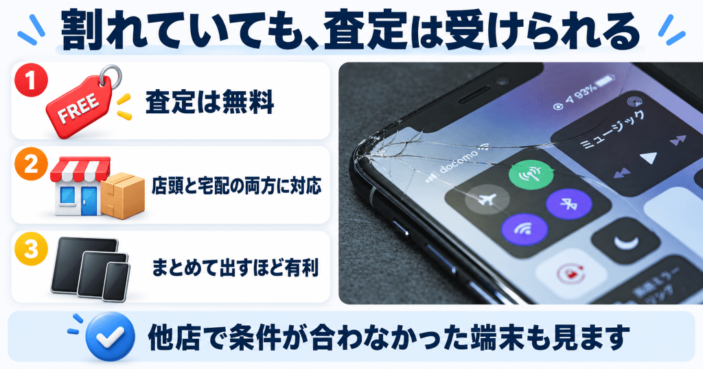 画面が割れたまま動作しているiPhoneの査定