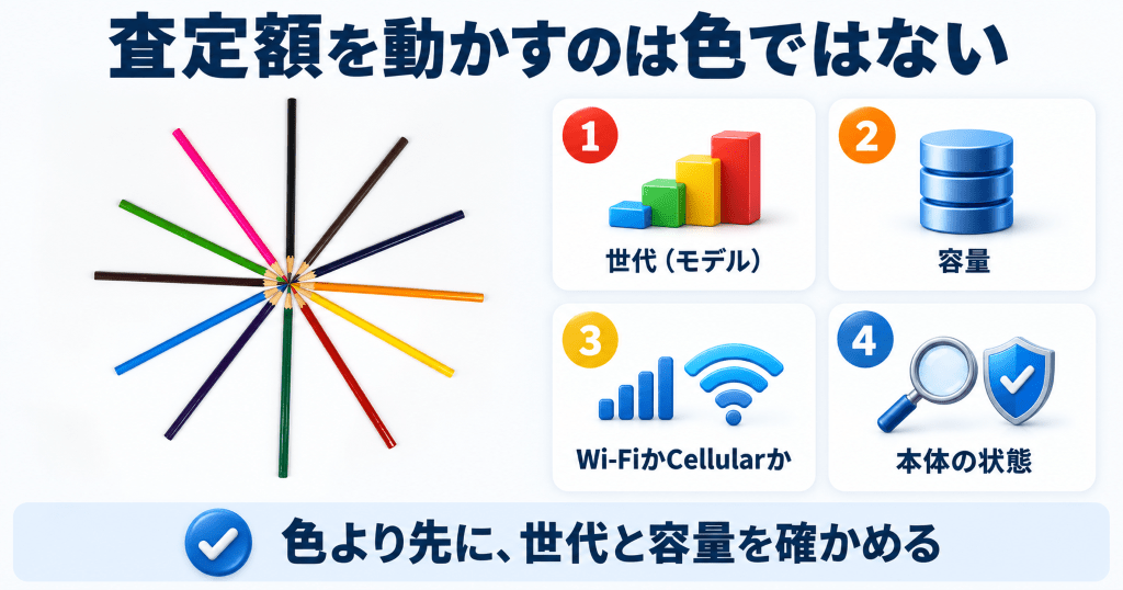 色鉛筆の写真と、iPadの査定額を動かす世代・容量・通信方式・状態の4要素