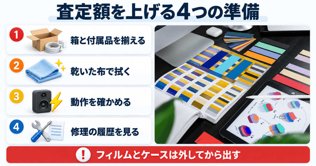 Apple Pencilと付属品を並べたiPadの写真と、査定額を上げる4つの準備