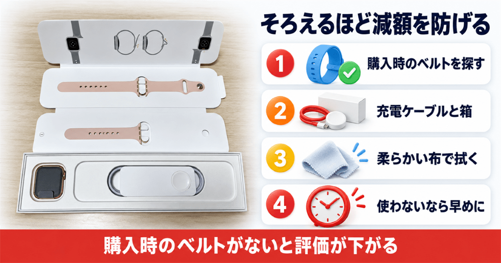 箱と購入時のバンド、充電ケーブルをそろえたApple Watch