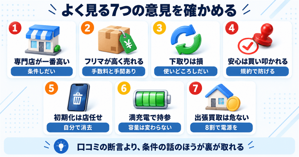 知恵袋でよく見かけるスマホ売却の7つの意見と、公式情報で確かめた実際の早見表