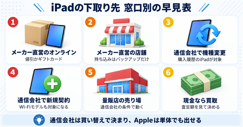 Apple Trade Inと通信会社3社、買取を窓口別に並べたiPadの下取りの早見表
