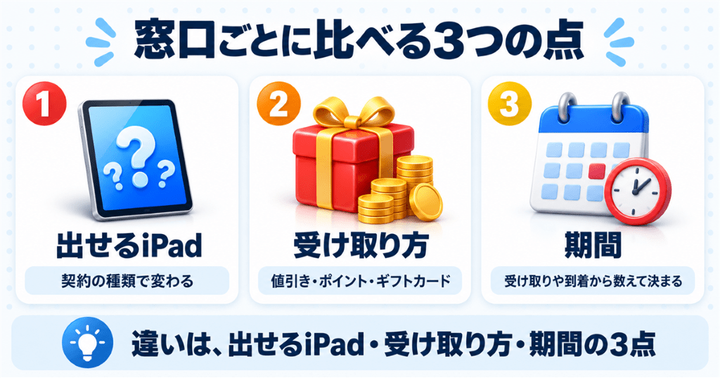 Apple Trade Inとドコモ・au・ソフトバンクのiPad下取りの条件を比べた図