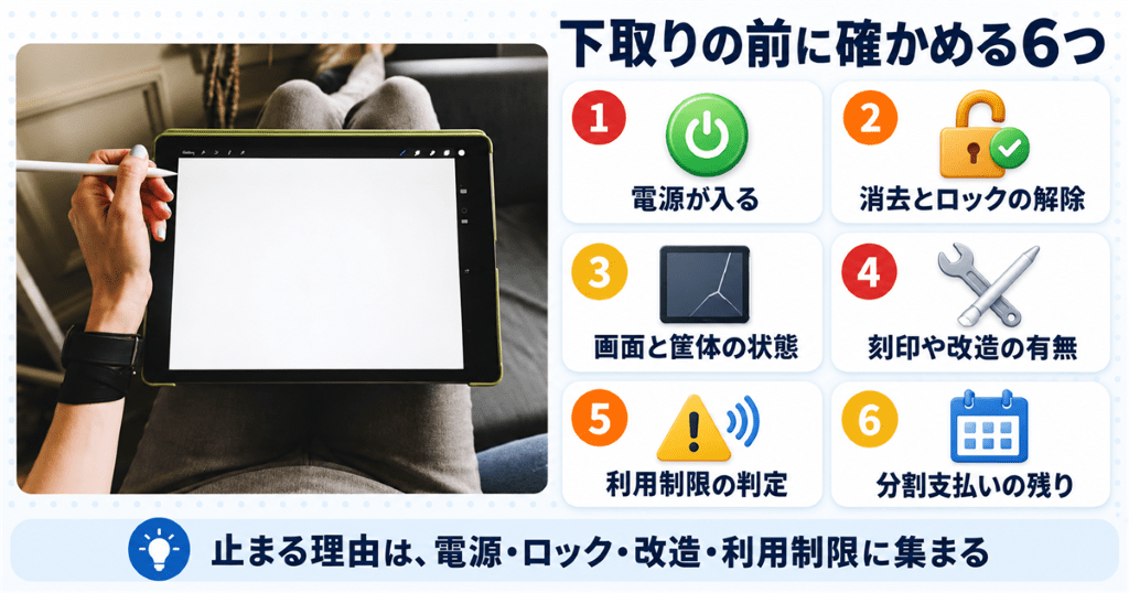下取りに出す前にiPadの状態と受付の条件を確かめる図