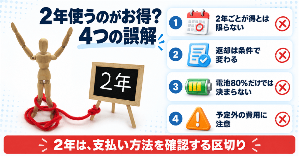 「2年」と書かれた黒板と赤いひもでつながれた木製の人形で、2年ごとの買い替えという思い込みを表した図
