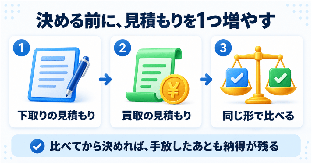 下取りと買取を比べてからiPhoneを手放すための3つの確認を表した図
