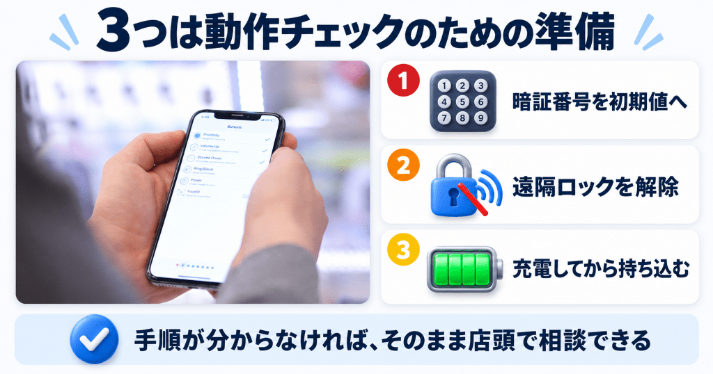 店頭でiPhoneの動作チェックアプリを操作しているところ
