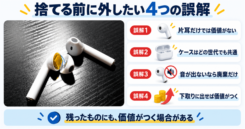 左右のAirPodsイヤーバッドと、捨てる前に外したい4つの誤解