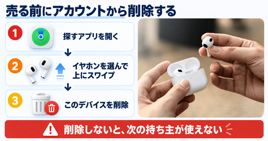 充電ケースからAirPodsを取り出す手元と、売る前にApple Accountから削除する手順