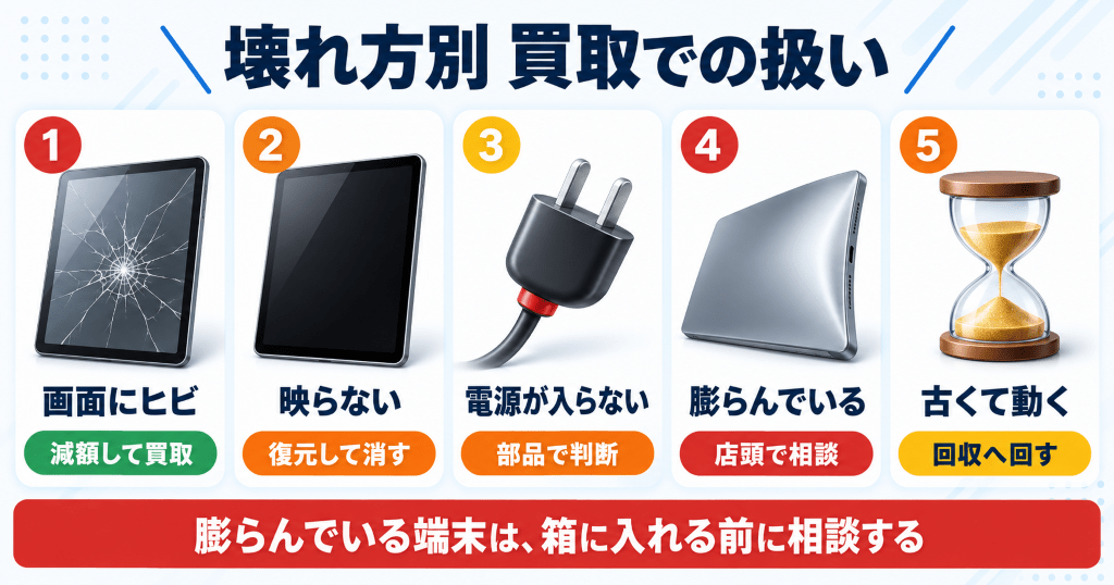 壊れ方ごとにタブレット買取での扱いと先にやることを整理した早見表