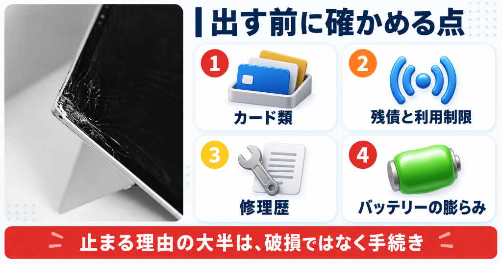 画面のガラスが割れて欠けたタブレットの縁を確認しながら査定前の点検項目を示した図
