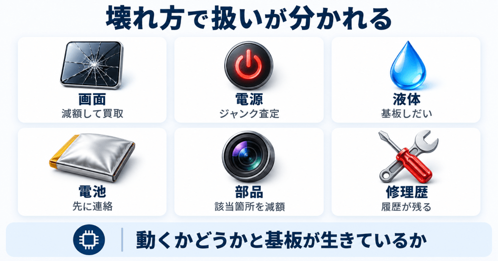 壊れ方別・壊れたiPhoneの査定での扱い早見表