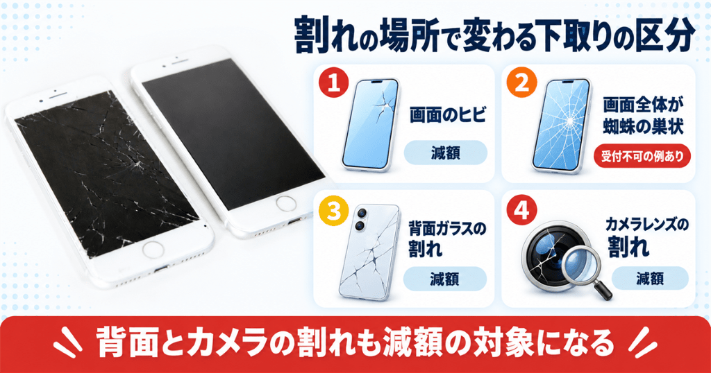 画面・背面・カメラレンズの割れごとに3キャリアの下取り区分を比べた図