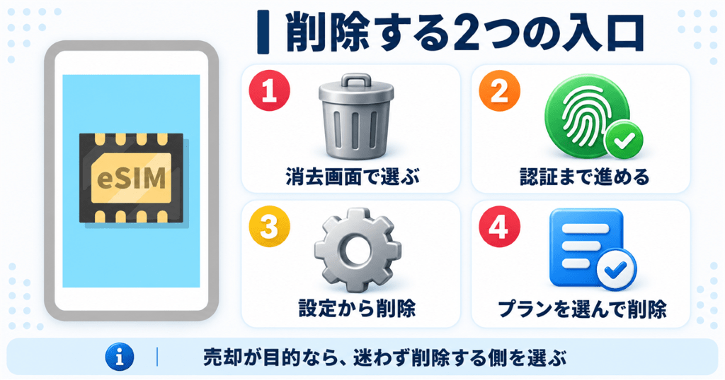 eSIMを削除してからデータを消去する2通りの手順を示した図