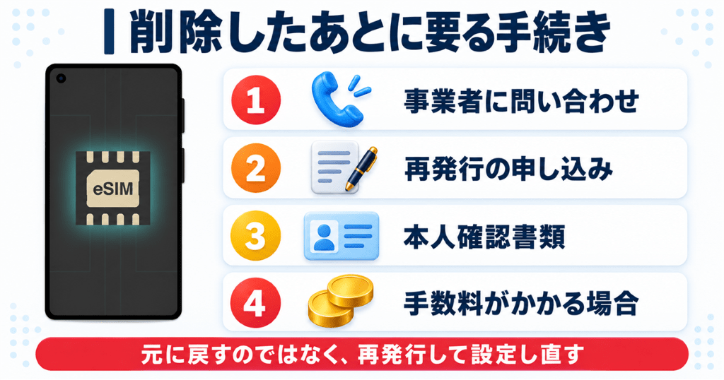 eSIMを削除したあとに通信事業者で必要になる手続きを示した図