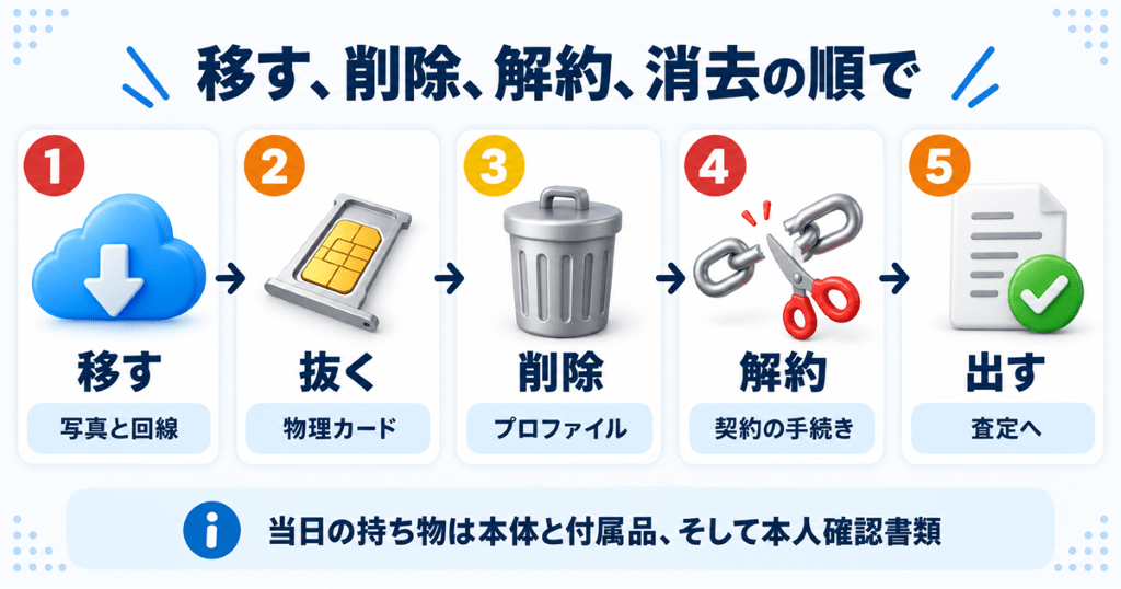 eSIM対応スマホを申込みから入金まで売却する流れを示した図