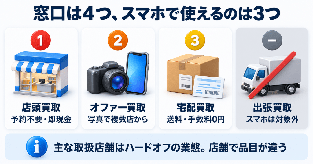ハードオフの4つの買取窓口とスマホで使える3つをまとめた早見表