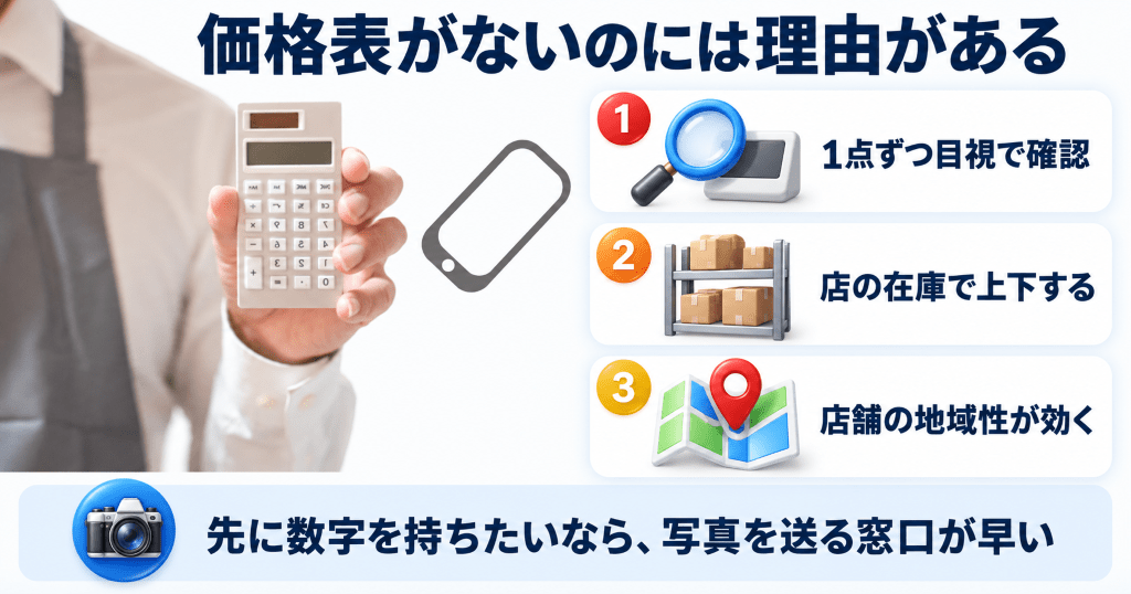 電卓を差し出す店員とスマートフォンのアイコン