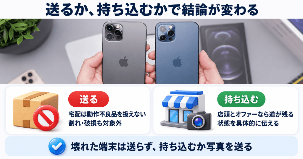 両手で2台のiPhoneを持って状態を見比べているところ