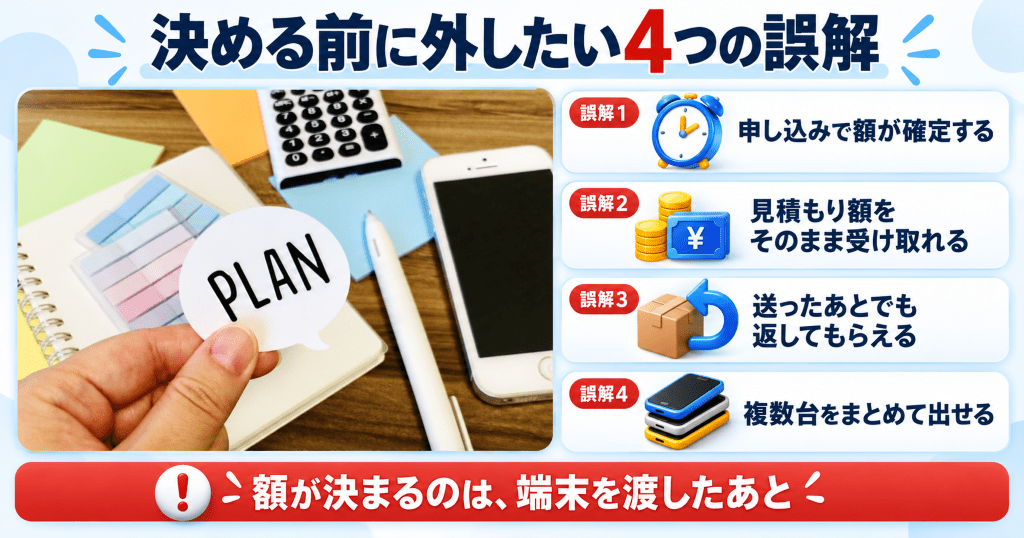 PLANと書かれたカードを持つ手とiPhone、下取りのやり方を決める前に外したい4つの誤解
