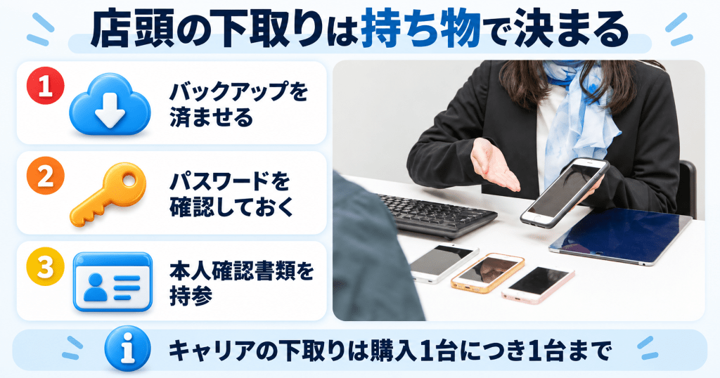 店頭のカウンターでスタッフがiPhoneを受け取る下取りの窓口