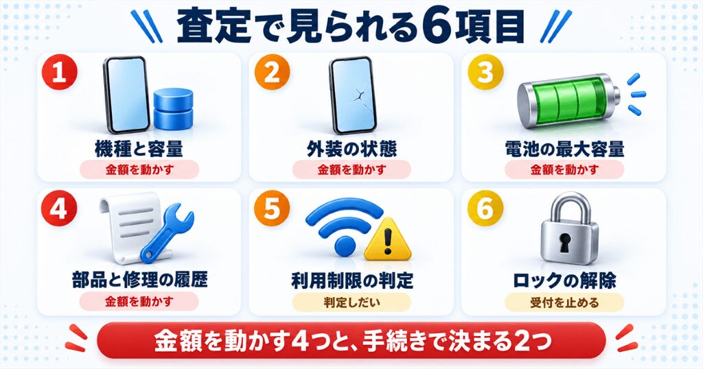 iPhoneの査定で見られる6つの項目の早見表