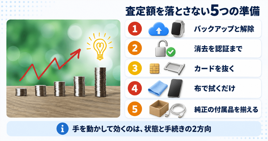 硬貨を積み上げた山と上向きの赤い矢印で査定額の上昇を表したイメージ