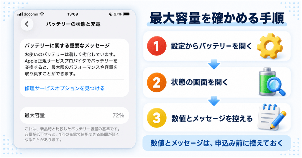 iPhoneのバッテリーの状態と充電の画面で最大容量と劣化のメッセージを確かめる様子