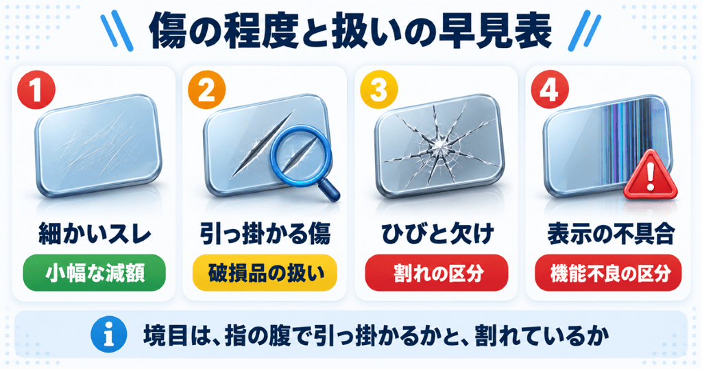 iPhoneの傷の程度ごとに下取りと返却と買取での扱いを並べた早見表