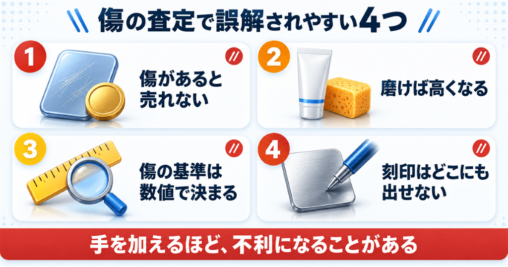 iPhoneの傷の査定で誤解されやすい4つの思い込みを並べた図