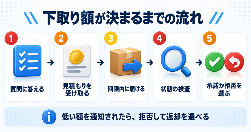 Appleの下取りで見積もりから検査と承諾までの額が決まる流れを示した図