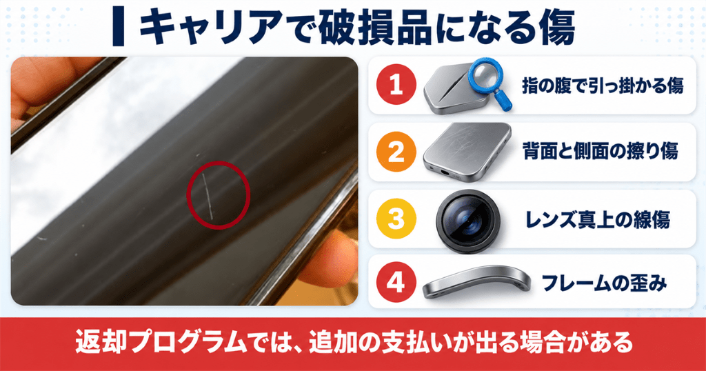 iPhoneの画面に入った細い線傷を前にキャリアで破損品の扱いになる傷の条件を示した図