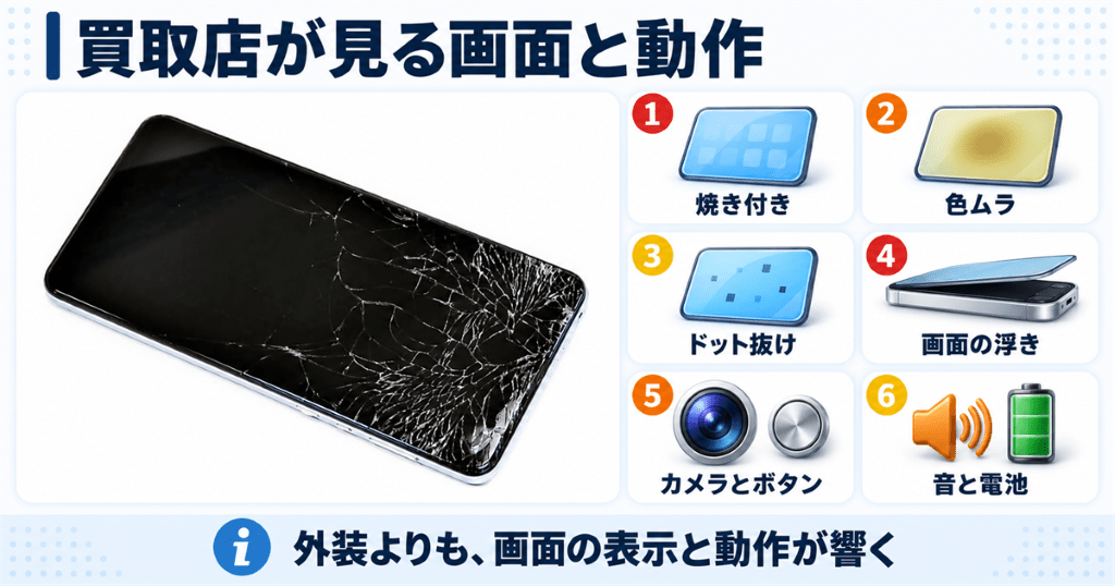画面にひびが入ったスマートフォンを前に買取店が確認する画面と動作の項目を示した図