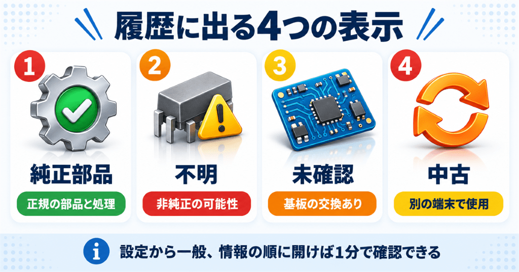 iPhoneの設定から部品と修理の履歴を確認する手順を示した図