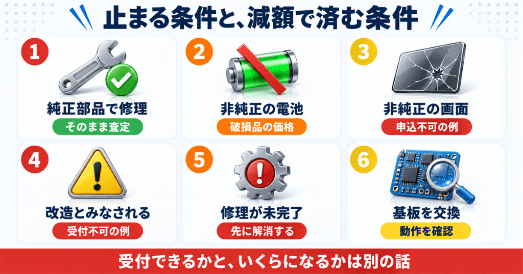 4社の下取りで受付不可になる条件と減額で済む条件を比較した図