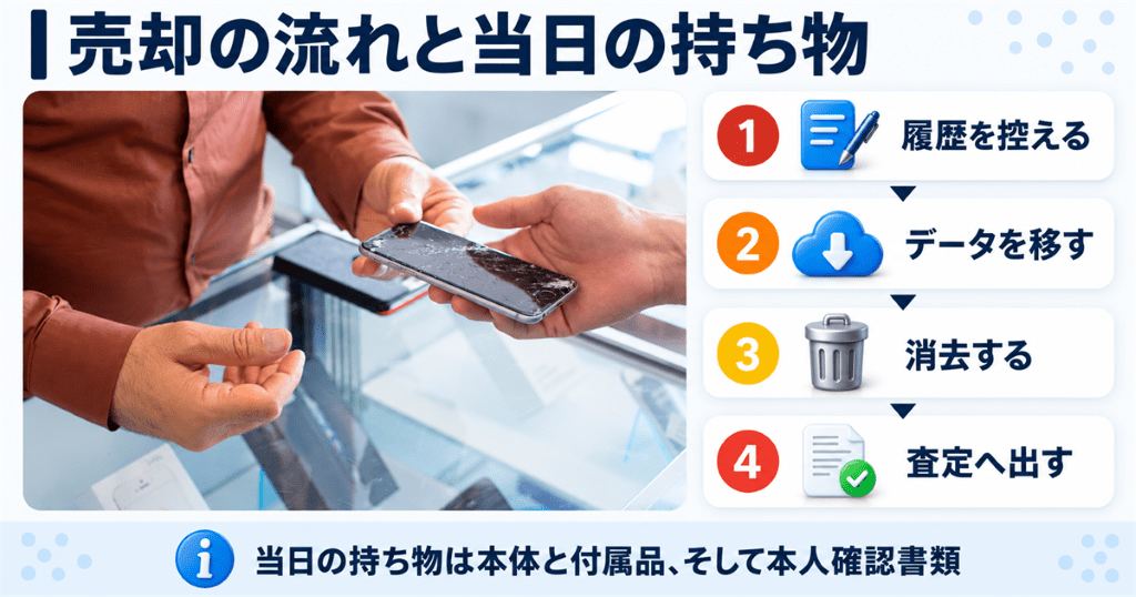 店頭のカウンター越しに画面が割れたスマートフォンを店員へ手渡している様子