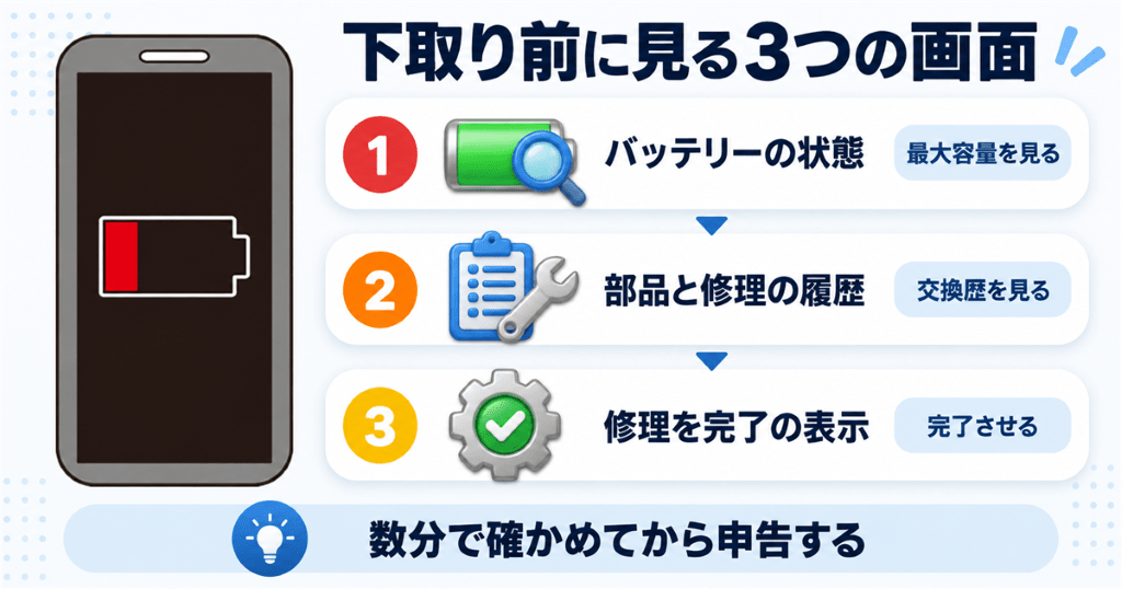 iPhoneのバッテリーの最大容量と部品の履歴を確かめる3つの画面