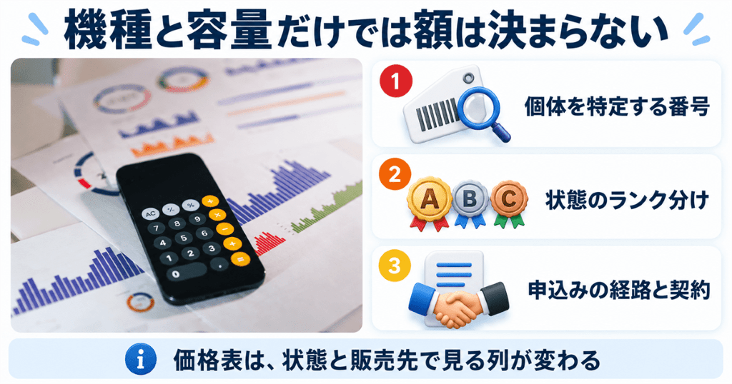 電卓とグラフの資料に重ねてiPhone下取り価格を決める判定材料を示した図