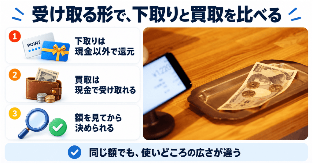 レジのトレイに置かれた紙幣と硬貨に重ねて下取りと買取の受け取り方の違いを示した図