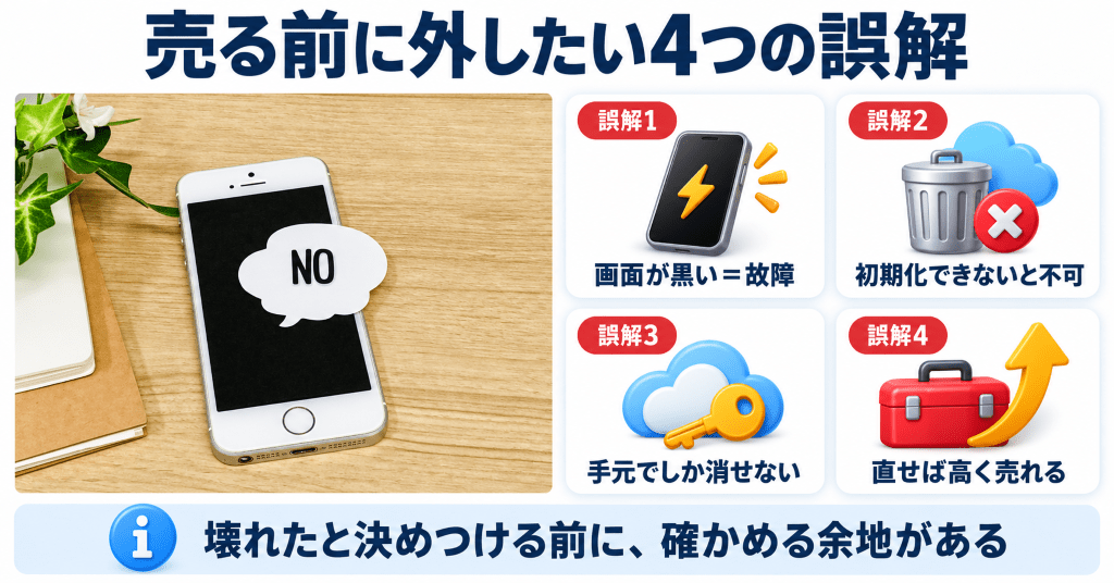 画面にNOと表示された電源の入らないiPhoneと、売る前に外したい4つの誤解