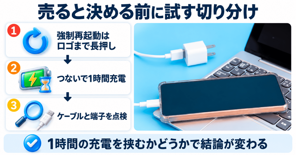 充電器につないだiPhoneと、売ると決める前に試す強制再起動と充電の切り分け